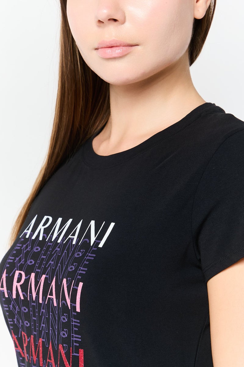 armani AX Armani Exchange Women Crew Neck Short Sleeve Brand Logo T-Shirt, Black - Image 3